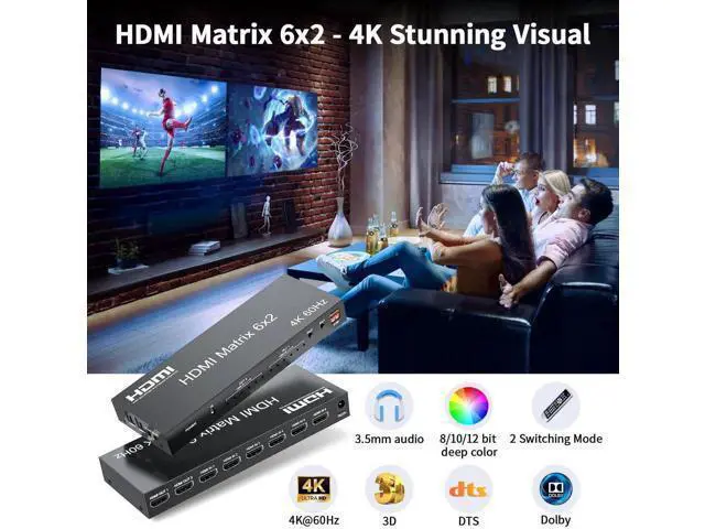 Alt view image 5 of 7 - 6x2 HDMI 2.0 Matrix Switch Splitter, 6 in 2 Out HDMI Switcher Selector with IR Remote, Optical SPDIF + 3.5mm AUX Audio Extractor, Supports 4K@60Hz 18Gbps UHD HDR HDCP 2.3, Adjustable EDID Management,