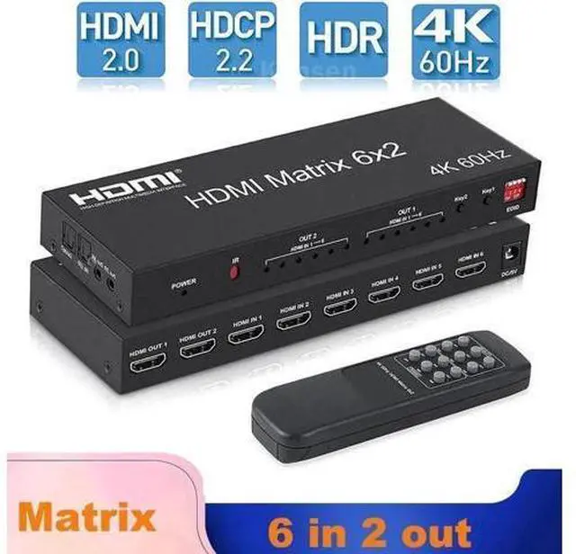 Main image of HDMI 2.0 6x2 Matrix Switch Splitter, 6 in 2 Out HDMI Video Switcher with Optical SPDIF + 3.5mm Audio Extractor & IR Remote, Supports 4K@60Hz 18Gbps HDR RGB/YUV 4:4:4, Independent Dual Display Output