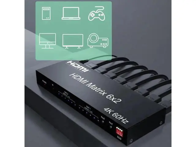 Alt view image 3 of 7 - HDMI 2.0 6x2 Matrix Switch Splitter, 6 in 2 Out HDMI Video Switcher with Optical SPDIF + 3.5mm Audio Extractor & IR Remote, Supports 4K@60Hz 18Gbps HDR RGB/YUV 4:4:4, Independent Dual Display Output