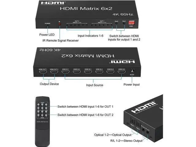 Alt view image 2 of 7 - HDMI 2.0 6x2 Matrix Switch Splitter, 6 in 2 Out HDMI Video Switcher with Optical SPDIF + 3.5mm Audio Extractor & IR Remote, Supports 4K@60Hz 18Gbps HDR RGB/YUV 4:4:4, Independent Dual Display Output