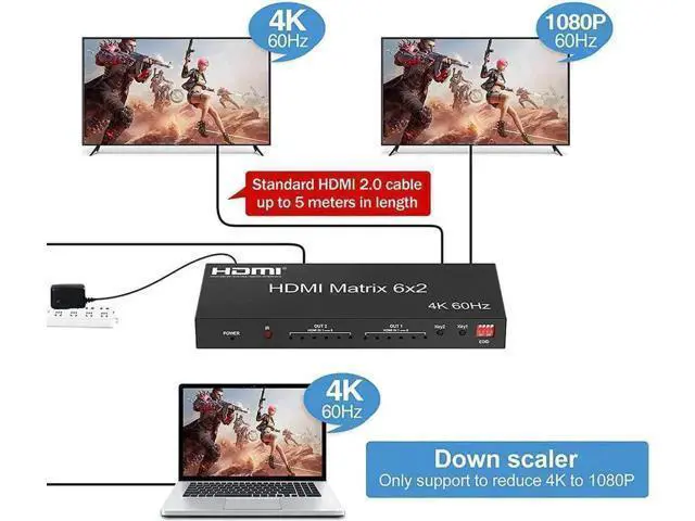 Alt view image 5 of 7 - HDMI 2.0 6x2 Matrix Switch Splitter, 6 in 2 Out HDMI Video Switcher with Optical SPDIF + 3.5mm Audio Extractor & IR Remote, Supports 4K@60Hz 18Gbps HDR RGB/YUV 4:4:4, Independent Dual Display Output