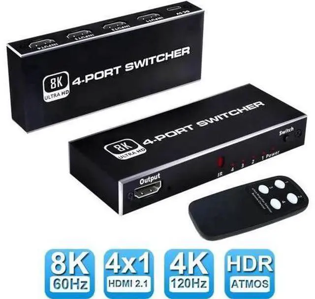 Main image of 4 In 1 Out HDMI 2.1 8K Switch Box with IR Remote, 48Gbps Bandwidth, Support 8K@60Hz, 4K@120Hz, 2K@144Hz, HDR, CEC & Dolby Vision, Compatible with PS5, Xbox Series X