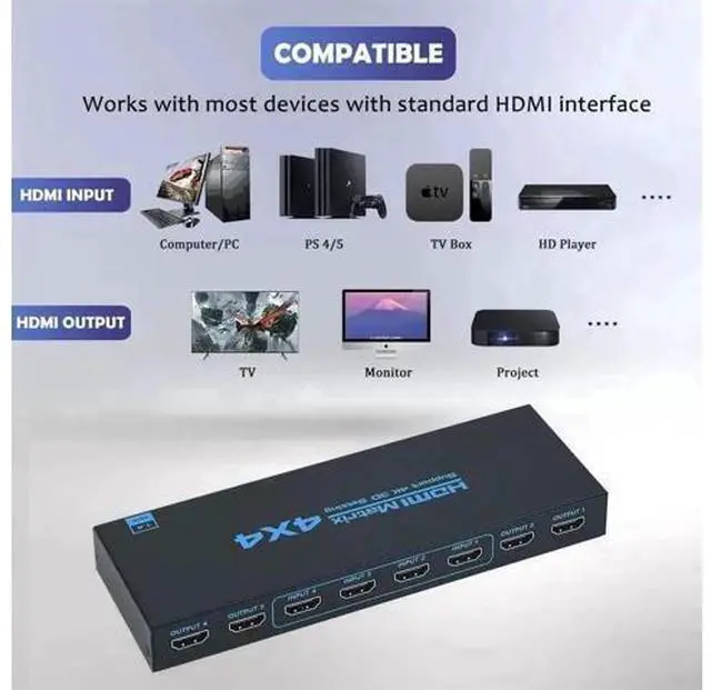 Alt view image 6 of 7 - 4 in 4 Out HDMI Matrix Switch 4K@30Hz, 10.2Gbps Bandwidth 4×4 Video Matrix Selector Support YUV 4:2:0 with IR Remote Control for HDTV, Monitor, Game Console