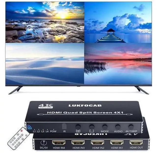 Main image of 4X1 HDMI Quad Multi-Viewer Seamless Switcher 4 in 1 Out with IR Remote, Supports 4K@30Hz & 5 Adjustable Display Modes, Split Screen Multiview Box for Security Cameras, Game Consoles, Media Players