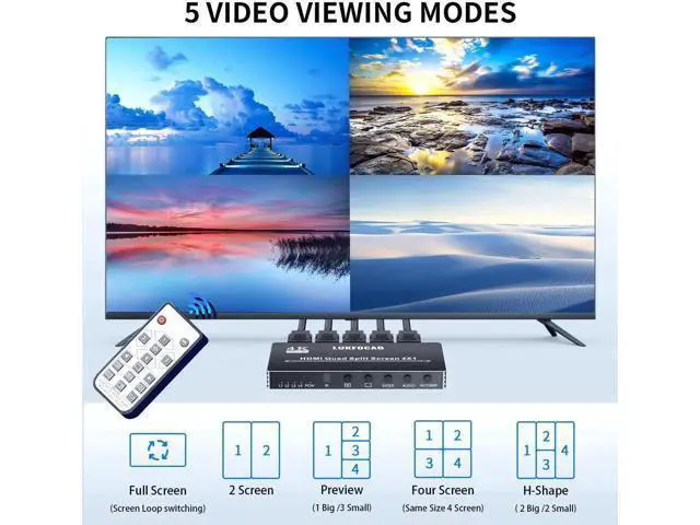 Alt view image 6 of 7 - 4X1 HDMI Quad Multi-Viewer Seamless Switcher 4 in 1 Out with IR Remote, Supports 4K@30Hz & 5 Adjustable Display Modes, Split Screen Multiview Box for Security Cameras, Game Consoles, Media Players