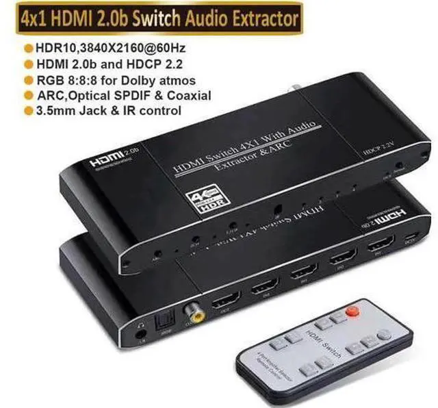 Main image of 4 In 1 Out HDMI Switch with Audio Extractor, 4K@60Hz HDMI Switcher to HDMI + Optical SPDIF + Coaxial + 3.5mm AUX Stereo Audio, Support ARC, HDCP2.2, HDR10, 3D, Dolby Atmos & EDID Function for PS5 Xbox