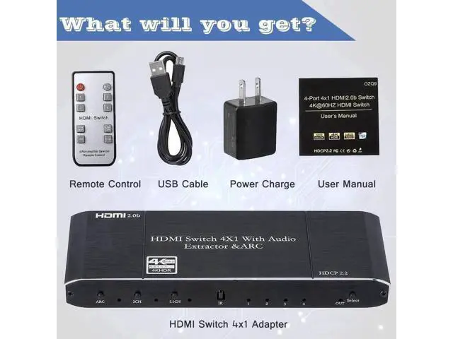 Alt view image 6 of 7 - 4 In 1 Out HDMI Switch with Audio Extractor, 4K@60Hz HDMI Switcher to HDMI + Optical SPDIF + Coaxial + 3.5mm AUX Stereo Audio, Support ARC, HDCP2.2, HDR10, 3D, Dolby Atmos & EDID Function for PS5 Xbox