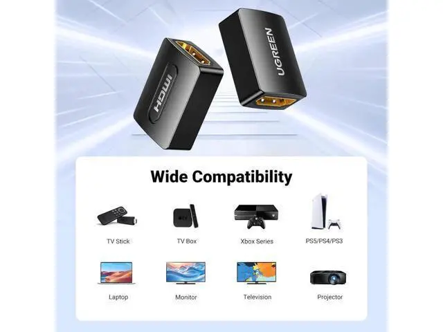 Alt view image 2 of 7 - 2 Pack UGREEN HDMI 2.0 Female to Female Coupler, 4K@60Hz 3D HDMI Extension Connector for HDTV Roku TV Stick Chromecast Switch 2 Xbox PS5 Laptop Projector