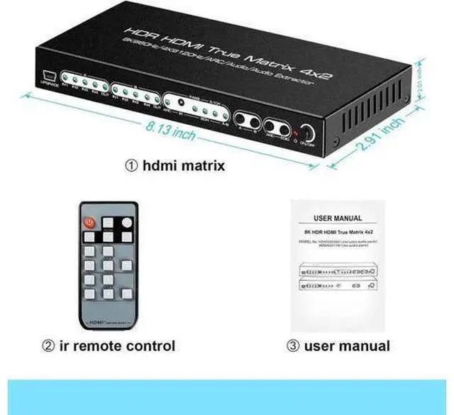 Alt view image 3 of 7 - 4x2 HDMI 2.1 Matrix Switch 4 in 2 Out 8K@60Hz with IR Remote, 48Gbps 8K HDMI Matrix Splitter, Support 4K@120Hz, HDR10, Dolby Vision, Dolby Atmos, HDCP2.3, ARC, SPDIF 5.1CH Audio Extractor for PS5, Xbo