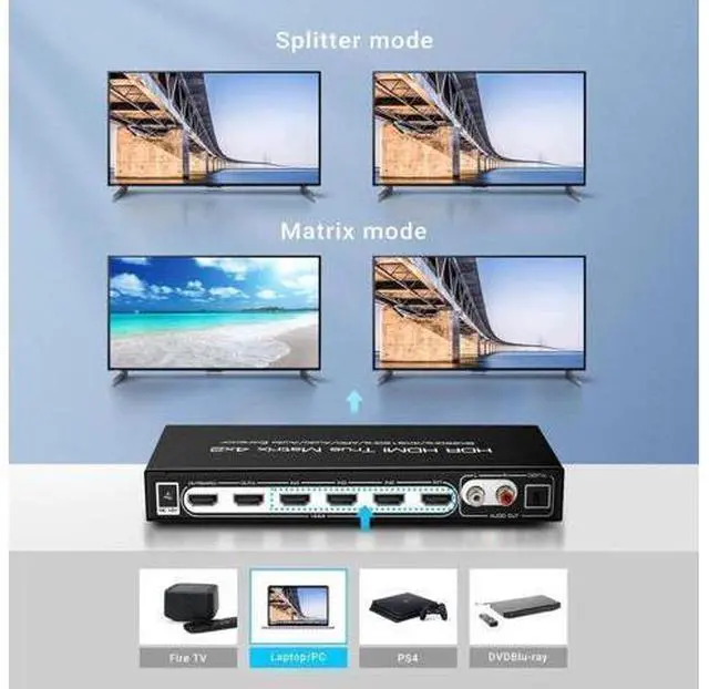 Alt view image 4 of 7 - 4x2 HDMI 2.1 Matrix Switch 4 in 2 Out 8K@60Hz with IR Remote, 48Gbps 8K HDMI Matrix Splitter, Support 4K@120Hz, HDR10, Dolby Vision, Dolby Atmos, HDCP2.3, ARC, SPDIF 5.1CH Audio Extractor for PS5, Xbo