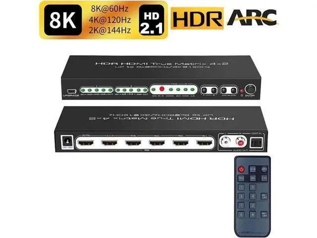 Alt view image 2 of 7 - 4x2 True HDMI 2.1 Matrix 4 in 2 Out 8K@60Hz 4K@120Hz with Audio Extractor, 48Gbps Bandwidth HDMI Matrix Switcher Splitter Supports ARC, HDR, HDCP 2.3, Independent Optical & Analog Audio Output