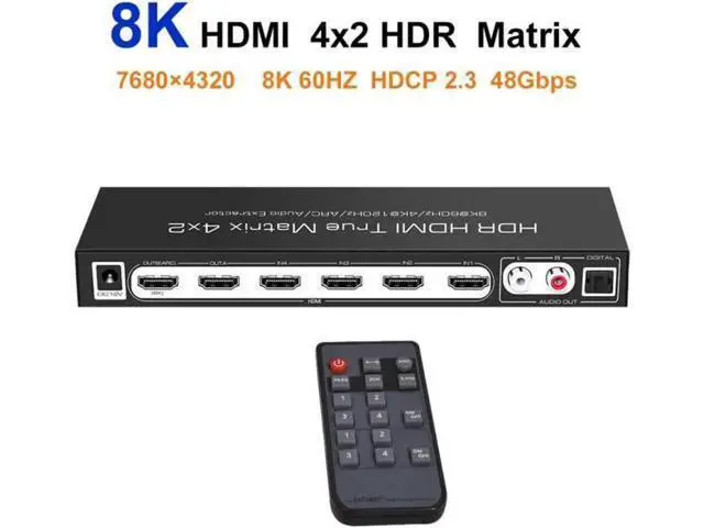 Alt view image 4 of 7 - 4x2 True HDMI 2.1 Matrix 4 in 2 Out 8K@60Hz 4K@120Hz with Audio Extractor, 48Gbps Bandwidth HDMI Matrix Switcher Splitter Supports ARC, HDR, HDCP 2.3, Independent Optical & Analog Audio Output