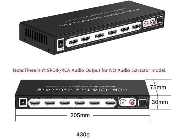 Alt view image 7 of 7 - 4x2 True HDMI 2.1 Matrix 4 in 2 Out 8K@60Hz 4K@120Hz with Audio Extractor, 48Gbps Bandwidth HDMI Matrix Switcher Splitter Supports ARC, HDR, HDCP 2.3, Independent Optical & Analog Audio Output