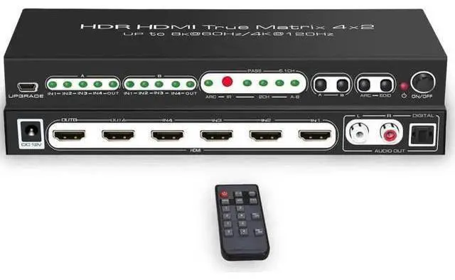 Main image of 8K 4x2 HDMI 2.1 Matrix Switch Splitter, 4 In 2 Out HDMI Video Switcher with Optical SPDIF & RCA L/R Audio Extractor, Supports 8K@60Hz, 4K@120Hz, HDR10, ARC, HDCP 2.3, IR Remote Control for PS5, Xbox S