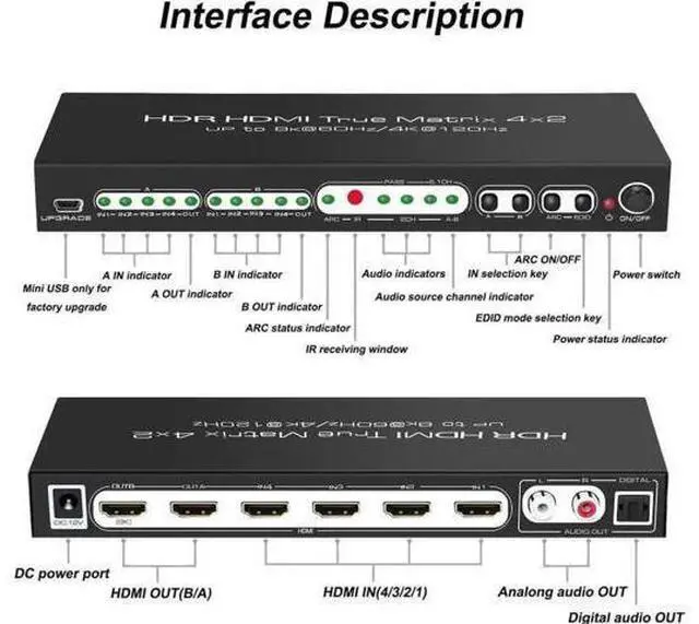 Alt view image 2 of 7 - 8K 4x2 HDMI 2.1 Matrix Switch Splitter, 4 In 2 Out HDMI Video Switcher with Optical SPDIF & RCA L/R Audio Extractor, Supports 8K@60Hz, 4K@120Hz, HDR10, ARC, HDCP 2.3, IR Remote Control for PS5, Xbox S