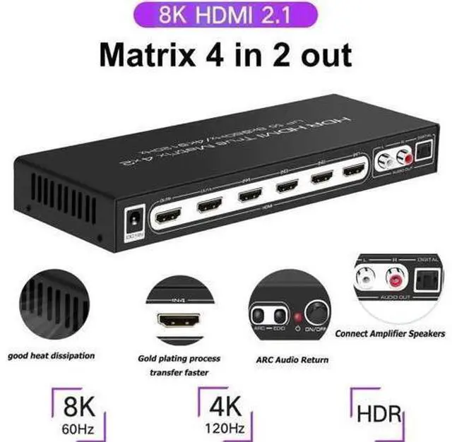 Alt view image 5 of 7 - 8K 4x2 HDMI 2.1 Matrix Switch Splitter, 4 In 2 Out HDMI Video Switcher with Optical SPDIF & RCA L/R Audio Extractor, Supports 8K@60Hz, 4K@120Hz, HDR10, ARC, HDCP 2.3, IR Remote Control for PS5, Xbox S