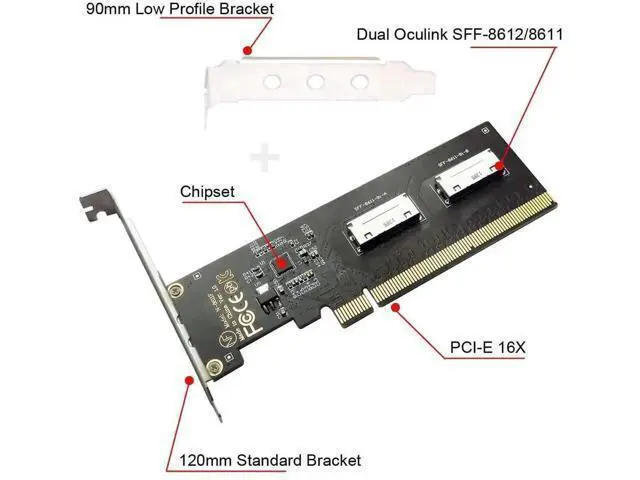 Alt view image 6 of 7 - Dual OCuLink SFF-8611/8612 8i to PCIe 4.0 x16 Expansion Adapter, With 8cm & 12cm Low/Full Profile Brackets