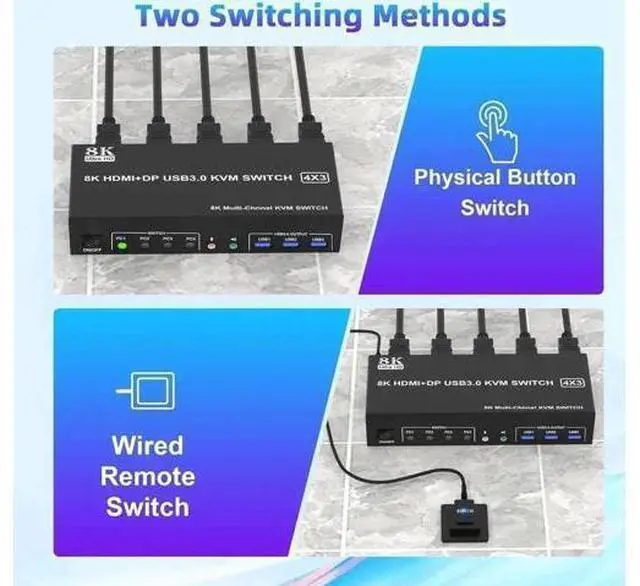 Alt view image 7 of 7 - 4-Port Triple Monitor KVM Switch (2HDMI+1DP), 8K@60Hz & 4K@144Hz, Audio & 3 USB3.0 Ports for 4 PCs