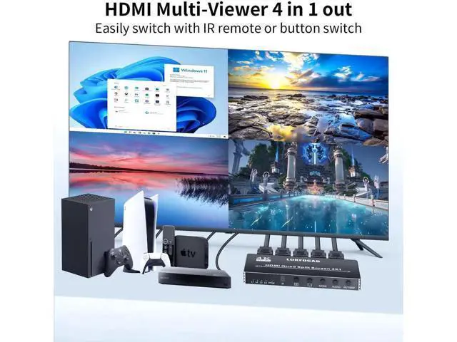 Alt view image 5 of 7 - 4X1 HDMI Quad Multi-Viewer Seamless Switcher 4 in 1 Out with IR Remote, Supports 4K@30Hz & 5 Adjustable Display Modes, Split Screen Multiview Box for Security Cameras, Game Consoles, Media Players