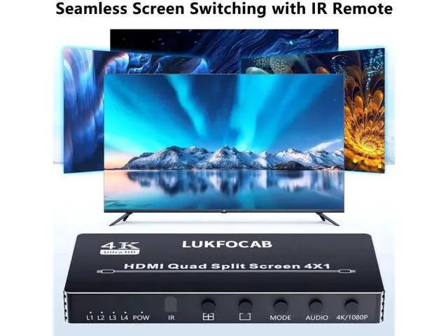 Alt view image 4 of 7 - 4X1 HDMI Quad Multi-Viewer Seamless Switcher 4 in 1 Out with IR Remote, Supports 4K@30Hz & 5 Adjustable Display Modes, Split Screen Multiview Box for Security Cameras, Game Consoles, Media Players