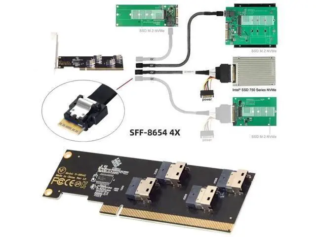Alt view image 5 of 7 - 4-Port SFF-8654 X4 NVMe to PCIe X16 3.0/4.0 VROC RAID0 Hyper Storage Adapter Card