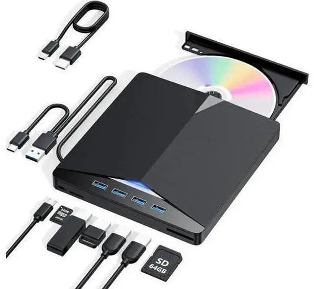 Main image of 7-in-1 USB 3.0 Type-C Portable External CD DVD RW Burner Optical Drive with SD TF Card Reader & 4-Port USB Hub Compatible with Laptop Desktop Windows Mac OS Linux