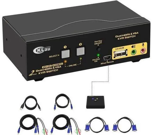 Main image of 2 Port HDMI + VGA Dual Monitor KVM Switch with Audio Microphone & USB2.0 Hub, 4K@30Hz Dual Screen KVM Switcher with Cables for 2 PCs Share Keyboard Mouse