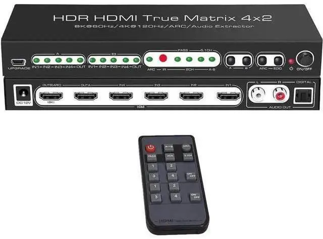 Main image of 4 In 2 Out HDMI 2.1 8K Matrix Switch Splitter, 4×2 HDR Video Matrix with IR Remote, 8K@60Hz 4K@120Hz CEC ARC Audio Extractor, SPDIF 5.1CH + RCA Stereo L/R Output HDCP2.3