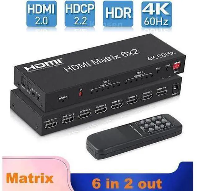 Main image of 6x2 HDMI 2.0 Matrix Switch Splitter, 6 In 2 Out HDMI Matrix with Audio Extractor & IR Remote, Support 4K@60Hz HDR RGB/YUV 4:4:4, SPDIF Optical + 3.5mm Audio Output
