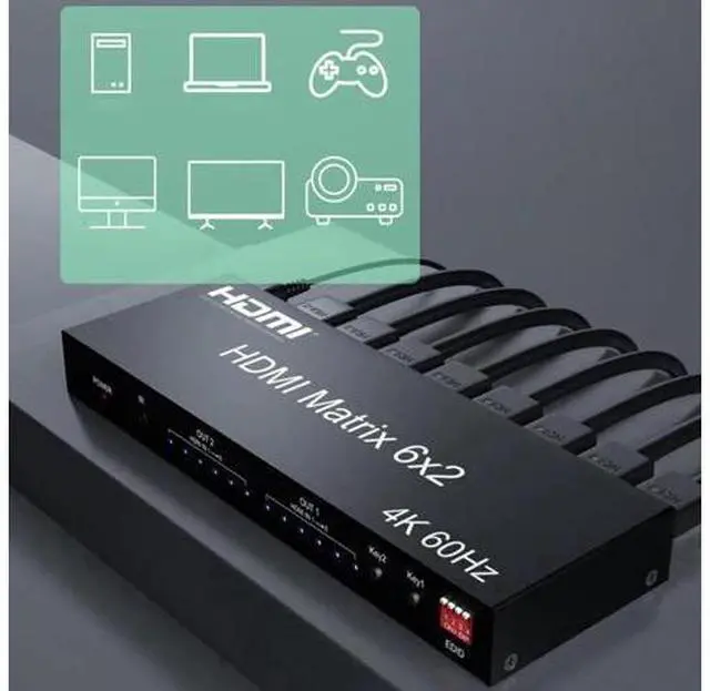 Alt view image 5 of 7 - 6x2 HDMI 2.0 Matrix Switch Splitter, 6 In 2 Out HDMI Matrix with Audio Extractor & IR Remote, Support 4K@60Hz HDR RGB/YUV 4:4:4, SPDIF Optical + 3.5mm Audio Output