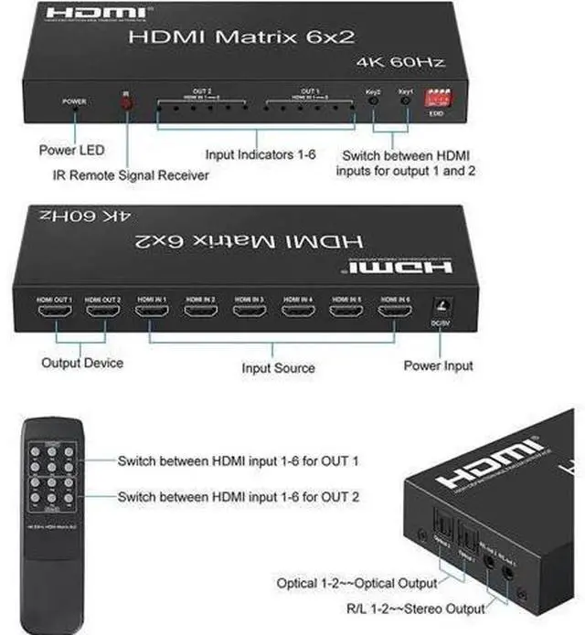 Alt view image 4 of 7 - 6x2 HDMI 2.0 Matrix Switch Splitter, 6 In 2 Out HDMI Matrix with Audio Extractor & IR Remote, Support 4K@60Hz HDR RGB/YUV 4:4:4, SPDIF Optical + 3.5mm Audio Output