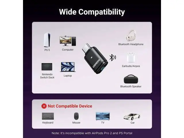 Alt view image 2 of 7 - UGREEN USB-C Bluetooth 5.3 Audio Transmitter Adapter for PS5, Supports aptX Low Latency & aptX Adaptive, Connect Wireless Headphones Earbuds