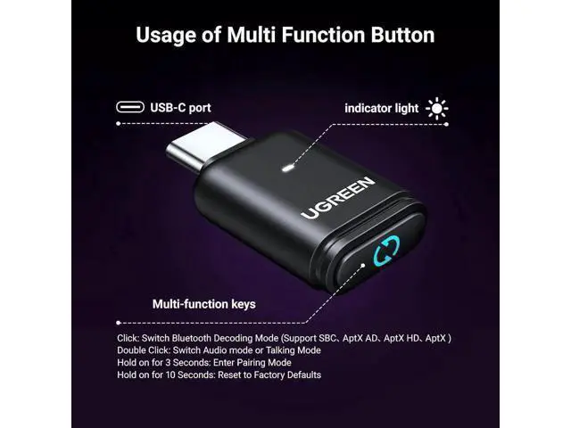 Alt view image 4 of 7 - UGREEN USB-C Bluetooth 5.3 Audio Transmitter Adapter for PS5, Supports aptX Low Latency & aptX Adaptive, Connect Wireless Headphones Earbuds