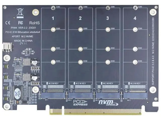 Alt view image 4 of 7 - PCIe 4.0 X16 M.2 NVMe Expansion Card, 4-Port M-Key Adapter Supports 2230/2242/2260/2280 NVMe SSD