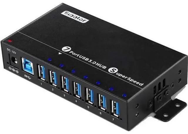 Main image of 7 Port Powered USB 3.0 Hub Splitter, Aluminum Super Speed USB Data Hub with 12V 3A 36W Power Adapter, Mount Bracket & LED Indicator, Black