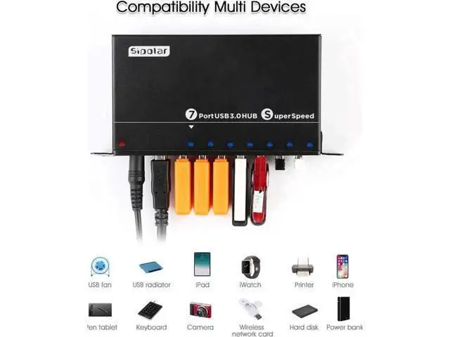 Alt view image 6 of 6 - 7 Port Powered USB 3.0 Hub Splitter, Aluminum Super Speed USB Data Hub with 12V 3A 36W Power Adapter, Mount Bracket & LED Indicator, Black