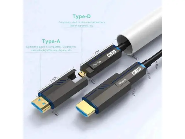Alt view image 7 of 7 - 100FT Male to Male Fiber Optic HDMI 2.1 Cable, 48Gbps 8K@60Hz 4K@120Hz with Standard & Micro HDMI Adapters for PS5 PC HDTV