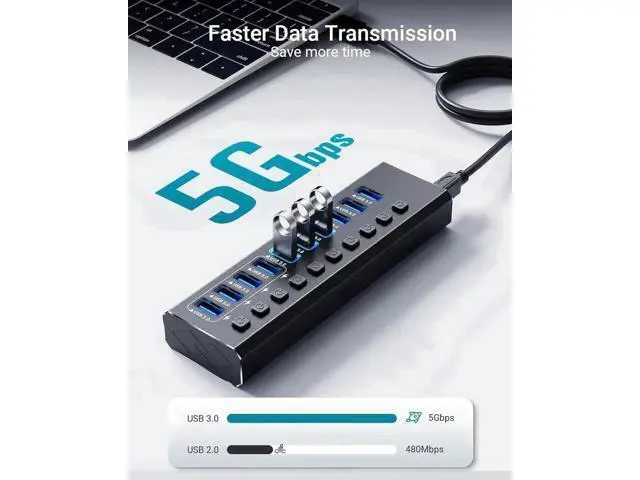 Alt view image 2 of 7 - 10-Port Powered USB 3.0 Hub, USB Splitter with 10 USB3.0 Data Ports + 4 Smart Charging Ports, Independent On/Off Switches for Each Port, Equipped with 12V 4A Power Adapter for PC, Laptop & Multiple Pe