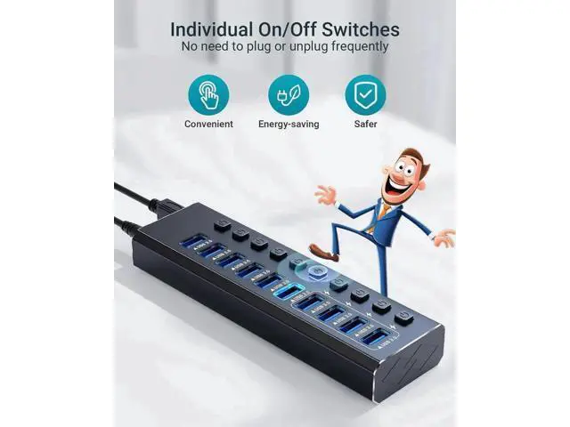 Alt view image 3 of 7 - 10-Port Powered USB 3.0 Hub, USB Splitter with 10 USB3.0 Data Ports + 4 Smart Charging Ports, Independent On/Off Switches for Each Port, Equipped with 12V 4A Power Adapter for PC, Laptop & Multiple Pe