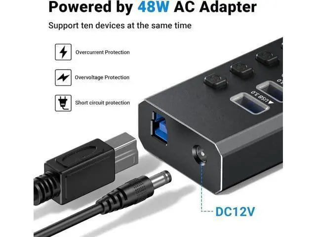 Alt view image 5 of 7 - 10-Port Powered USB 3.0 Hub, USB Splitter with 10 USB3.0 Data Ports + 4 Smart Charging Ports, Independent On/Off Switches for Each Port, Equipped with 12V 4A Power Adapter for PC, Laptop & Multiple Pe