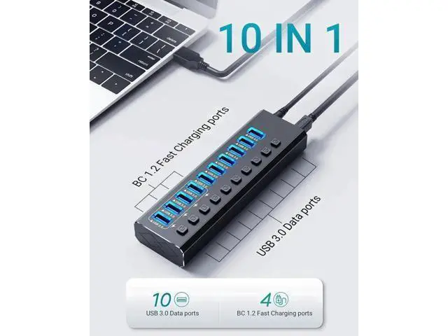 Alt view image 4 of 7 - 10-Port Powered USB 3.0 Hub, USB Splitter with 10 USB3.0 Data Ports + 4 Smart Charging Ports, Independent On/Off Switches for Each Port, Equipped with 12V 4A Power Adapter for PC, Laptop & Multiple Pe