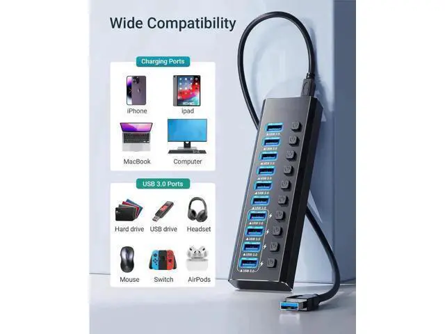 Alt view image 7 of 7 - 10-Port Powered USB 3.0 Hub, USB Splitter with 10 USB3.0 Data Ports + 4 Smart Charging Ports, Independent On/Off Switches for Each Port, Equipped with 12V 4A Power Adapter for PC, Laptop & Multiple Pe