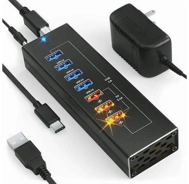 Main image of Powered 10-Port USB 3.0 Hub, 7 Data USB 3.0 Ports + 3 Fast Charging USB 3.0 Ports, Equipped with USB-C & USB-A Cables, External Power Supply Multiport Splitter for PC & Laptops