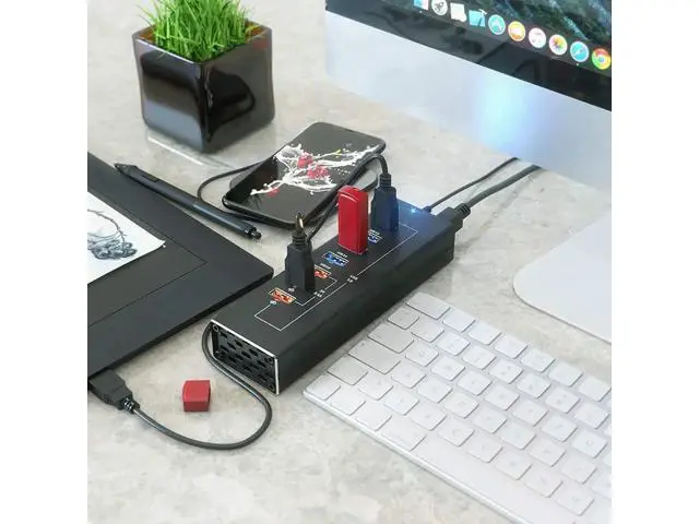 Alt view image 3 of 7 - Powered 10-Port USB 3.0 Hub, 7 Data USB 3.0 Ports + 3 Fast Charging USB 3.0 Ports, Equipped with USB-C & USB-A Cables, External Power Supply Multiport Splitter for PC & Laptops