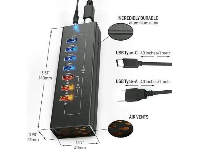 Alt view image 6 of 7 - Powered 10-Port USB 3.0 Hub, 7 Data USB 3.0 Ports + 3 Fast Charging USB 3.0 Ports, Equipped with USB-C & USB-A Cables, External Power Supply Multiport Splitter for PC & Laptops