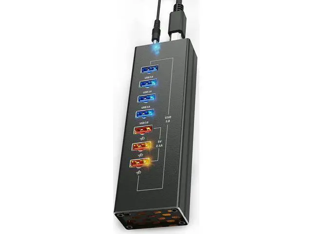 Alt view image 2 of 7 - Powered 10-Port USB 3.0 Hub, 7 Data USB 3.0 Ports + 3 Fast Charging USB 3.0 Ports, Equipped with USB-C & USB-A Cables, External Power Supply Multiport Splitter for PC & Laptops