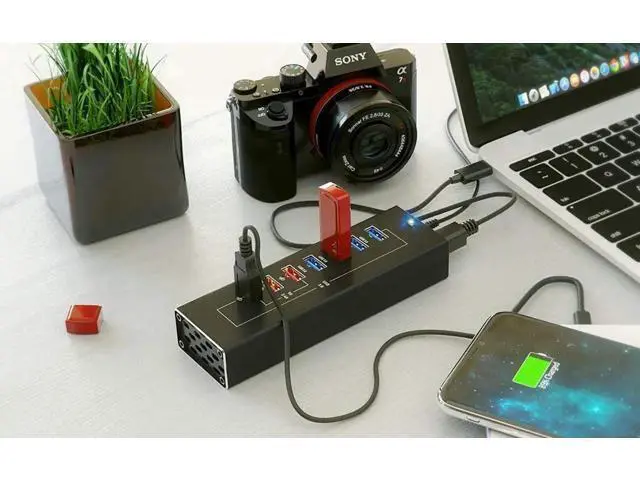 Alt view image 4 of 7 - Powered 10-Port USB 3.0 Hub, 7 Data USB 3.0 Ports + 3 Fast Charging USB 3.0 Ports, Equipped with USB-C & USB-A Cables, External Power Supply Multiport Splitter for PC & Laptops
