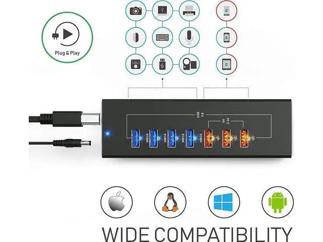 Alt view image 7 of 7 - Powered 10-Port USB 3.0 Hub, 7 Data USB 3.0 Ports + 3 Fast Charging USB 3.0 Ports, Equipped with USB-C & USB-A Cables, External Power Supply Multiport Splitter for PC & Laptops