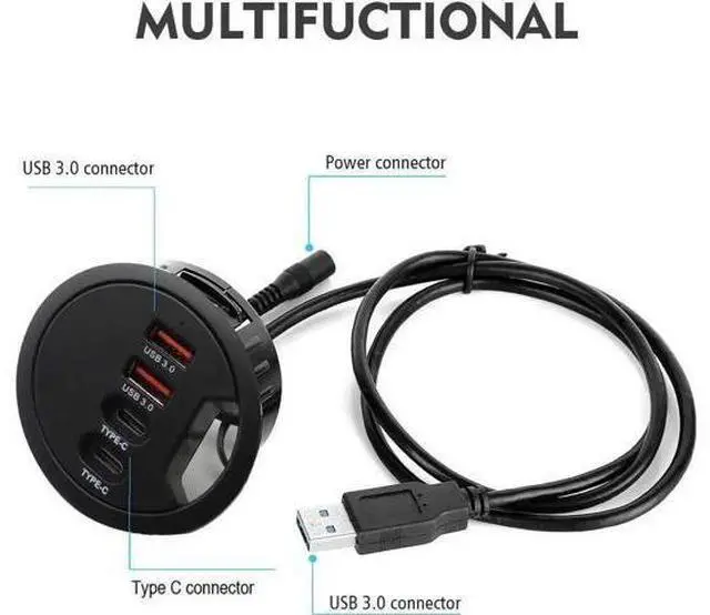 Alt view image 3 of 7 - 60mm/2.36 Inch Grommet Mount USB 3.0 Desk Hub, 2×USB-A + 2×USB-C Ports for Data & Charging, Table Hole Installation Splitter with 5V/2A External Power Adapter for Office Desks