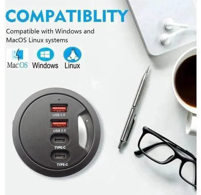 Alt view image 2 of 7 - 60mm/2.36 Inch Grommet Mount USB 3.0 Desk Hub, 2×USB-A + 2×USB-C Ports for Data & Charging, Table Hole Installation Splitter with 5V/2A External Power Adapter for Office Desks